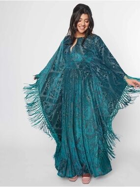 Emerald Floral Fringe Flutter Sleeve Caftan